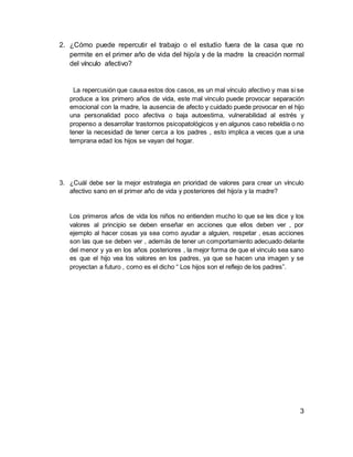 2. ¿Cómo puede repercutir el trabajo o el estudio fuera de la casa que no
permite en el primer año de vida del hijo/a y de la madre la creación normal
del vínculo afectivo?
La repercusión que causa estos dos casos, es un mal vínculo afectivo y mas si se
produce a los primero años de vida, este mal vinculo puede provocar separación
emocional con la madre, la ausencia de afecto y cuidado puede provocar en el hijo
una personalidad poco afectiva o baja autoestima, vulnerabilidad al estrés y
propenso a desarrollar trastornos psicopatológicos y en algunos caso rebeldía o no
tener la necesidad de tener cerca a los padres , esto implica a veces que a una
temprana edad los hijos se vayan del hogar.
3. ¿Cuál debe ser la mejor estrategia en prioridad de valores para crear un vínculo
afectivo sano en el primer año de vida y posteriores del hijo/a y la madre?
Los primeros años de vida los niños no entienden mucho lo que se les dice y los
valores al principio se deben enseñar en acciones que ellos deben ver , por
ejemplo al hacer cosas ya sea como ayudar a alguien, respetar , esas acciones
son las que se deben ver , además de tener un comportamiento adecuado delante
del menor y ya en los años posteriores , la mejor forma de que el vinculo sea sano
es que el hijo vea los valores en los padres, ya que se hacen una imagen y se
proyectan a futuro , como es el dicho “ Los hijos son el reflejo de los padres”.
3
 