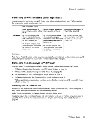 Chapter 1: Introduction




Connecting to VNC-compatible Server applications
You can establish a connection from VNC Viewer to the following (selected) third party VNC-compatible
Server providing certain conditions are met.

                 VNC-Compatible Server
                 Apple Remote Desktop or          Remote Desktop or Desktop       Community projects such as
                 Screen Sharing built-in to Mac   Sharing built-in to Ubuntu      TightVNC or UltraVNC
                 OS X
    VNC Viewer   On the host computer, VNC        On the host computer, Allow     On the client computer, VNC
                 viewers may control screen       other users to view your        Viewer encryption must not be
                 with password must be turned     desktop and Allow other users   set to Always Maximum or
                 on, and a password set.          to control your desktop must    Always on.
                                                  be turned on.
                 On the client computer, VNC
                 Viewer encryption must not be    On the client computer, VNC
                 set to Always Maximum or         Viewer encryption must not be
                 Always on.                       set to Always Maximum or
                                                  Always on.

Restrictions

Note that no RealVNC remote control features are available for connections to host computers running VNC-
compatible Server applications. In particular, connections cannot be encrypted.

Connecting from alternatives to VNC Viewer
You can connect to the latest version of VNC Server from the following alternatives to VNC Viewer:
•     VNC Viewer for Java. See Connecting from VNC Viewer for Java on page 15.
•     VNC Viewer Plus. See Connecting from VNC Viewer Plus on page 16.
•     VNC Viewer for iOS. See Connecting from mobile devices on page 16.
•     VNC Viewer for Android. See Connecting from mobile devices on page 16.
•     VNC-compatible Viewer applications from third parties. See Connecting from VNC-compatible Viewer
      software on page 16.

Connecting from VNC Viewer for Java
You can use any modern web browser to download VNC Viewer for Java from VNC Server (Enterprise) or
VNC Server (Personal) on demand, and then immediately connect.
Note: You cannot download VNC Viewer for Java from VNC Server (Free).
You do not require the credentials of a user with administrative privileges on the host computer in order to
use VNC Viewer for Java. For more information, see Chapter 4, Connecting From A Web Browser on
page 49.




                                                                                        VNC User Guide            15
 
