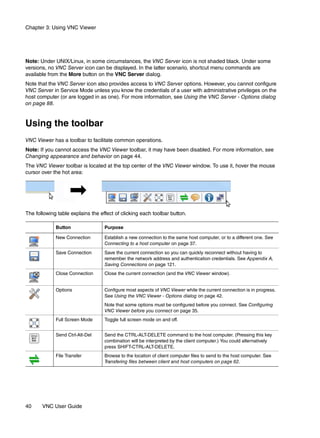 Chapter 3: Using VNC Viewer




Note: Under UNIX/Linux, in some circumstances, the VNC Server icon is not shaded black. Under some
versions, no VNC Server icon can be displayed. In the latter scenario, shortcut menu commands are
available from the More button on the VNC Server dialog.
Note that the VNC Server icon also provides access to VNC Server options. However, you cannot configure
VNC Server in Service Mode unless you know the credentials of a user with administrative privileges on the
host computer (or are logged in as one). For more information, see Using the VNC Server - Options dialog
on page 88.


Using the toolbar
VNC Viewer has a toolbar to facilitate common operations.
Note: If you cannot access the VNC Viewer toolbar, it may have been disabled. For more information, see
Changing appearance and behavior on page 44.
The VNC Viewer toolbar is located at the top center of the VNC Viewer window. To use it, hover the mouse
cursor over the hot area:




The following table explains the effect of clicking each toolbar button.

             Button                Purpose

             New Connection        Establish a new connection to the same host computer, or to a different one. See
                                   Connecting to a host computer on page 37.
             Save Connection       Save the current connection so you can quickly reconnect without having to
                                   remember the network address and authentication credentials. See Appendix A,
                                   Saving Connections on page 121.
             Close Connection      Close the current connection (and the VNC Viewer window).


             Options               Configure most aspects of VNC Viewer while the current connection is in progress.
                                   See Using the VNC Viewer - Options dialog on page 42.
                                   Note that some options must be configured before you connect. See Configuring
                                   VNC Viewer before you connect on page 35.
             Full Screen Mode      Toggle full screen mode on and off.


             Send Ctrl-Alt-Del     Send the CTRL-ALT-DELETE command to the host computer. (Pressing this key
                                   combination will be interpreted by the client computer.) You could alternatively
                                   press SHIFT-CTRL-ALT-DELETE.
             File Transfer         Browse to the location of client computer files to send to the host computer. See
                                   Transfering files between client and host computers on page 62.




40     VNC User Guide
 