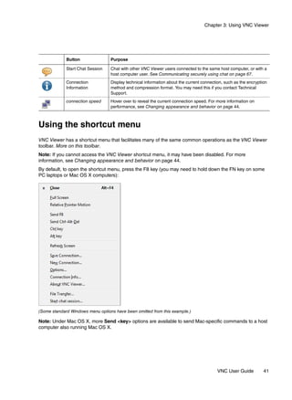 Chapter 3: Using VNC Viewer




             Button               Purpose

             Start Chat Session   Chat with other VNC Viewer users connected to the same host computer, or with a
                                  host computer user. See Communicating securely using chat on page 67.
             Connection           Display technical information about the current connection, such as the encryption
             Information          method and compression format. You may need this if you contact Technical
                                  Support.
             connection speed     Hover over to reveal the current connection speed. For more information on
                                  performance, see Changing appearance and behavior on page 44.



Using the shortcut menu
VNC Viewer has a shortcut menu that facilitates many of the same common operations as the VNC Viewer
toolbar. More on this toolbar.
Note: If you cannot access the VNC Viewer shortcut menu, it may have been disabled. For more
information, see Changing appearance and behavior on page 44.
By default, to open the shortcut menu, press the F8 key (you may need to hold down the FN key on some
PC laptops or Mac OS X computers):




(Some standard Windows menu options have been omitted from this example.)

Note: Under Mac OS X, more Send <key> options are available to send Mac-specific commands to a host
computer also running Mac OS X.




                                                                                          VNC User Guide          41
 