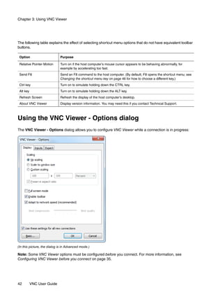 Chapter 3: Using VNC Viewer




The following table explains the effect of selecting shortcut menu options that do not have equivalent toolbar
buttons.

 Option                      Purpose

 Relative Pointer Motion     Turn on if the host computer’s mouse cursor appears to be behaving abnormally, for
                             example by accelerating too fast.
 Send F8                     Send an F8 command to the host computer. (By default, F8 opens the shortcut menu; see
                             Changing the shortcut menu key on page 46 for how to choose a different key.)
 Ctrl key                    Turn on to simulate holding down the CTRL key.
 Alt key                     Turn on to simulate holding down the ALT key.
 Refresh Screen              Refresh the display of the host computer’s desktop.
 About VNC Viewer            Display version information. You may need this if you contact Technical Support.



Using the VNC Viewer - Options dialog
The VNC Viewer - Options dialog allows you to configure VNC Viewer while a connection is in progress:




(In this picture, the dialog is in Advanced mode.)

Note: Some VNC Viewer options must be configured before you connect. For more information, see
Configuring VNC Viewer before you connect on page 35.




42         VNC User Guide
 