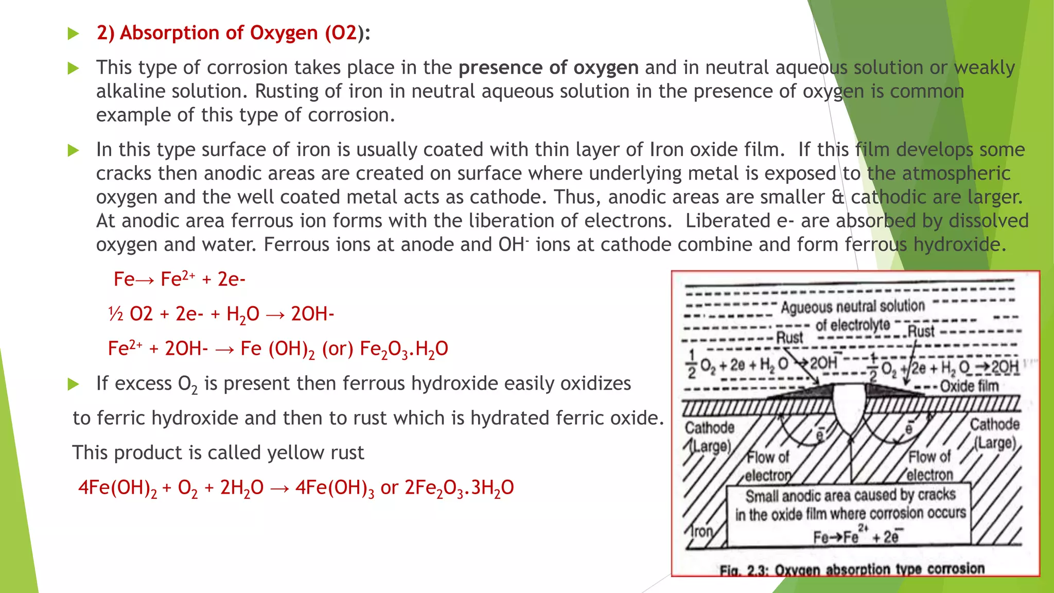  2) Absorption of Oxygen (O2):
 This type of corrosion takes place in the presence of oxygen and in neutral aqueous solution or weakly
alkaline solution. Rusting of iron in neutral aqueous solution in the presence of oxygen is common
example of this type of corrosion.
 In this type surface of iron is usually coated with thin layer of Iron oxide film. If this film develops some
cracks then anodic areas are created on surface where underlying metal is exposed to the atmospheric
oxygen and the well coated metal acts as cathode. Thus, anodic areas are smaller & cathodic are larger.
At anodic area ferrous ion forms with the liberation of electrons. Liberated e- are absorbed by dissolved
oxygen and water. Ferrous ions at anode and OH- ions at cathode combine and form ferrous hydroxide.
Fe→ Fe2+ + 2e-
½ O2 + 2e- + H2O → 2OH-
Fe2+ + 2OH- → Fe (OH)2 (or) Fe2O3.H2O
 If excess O2 is present then ferrous hydroxide easily oxidizes
to ferric hydroxide and then to rust which is hydrated ferric oxide.
This product is called yellow rust
4Fe(OH)2 + O2 + 2H2O → 4Fe(OH)3 or 2Fe2O3.3H2O
 