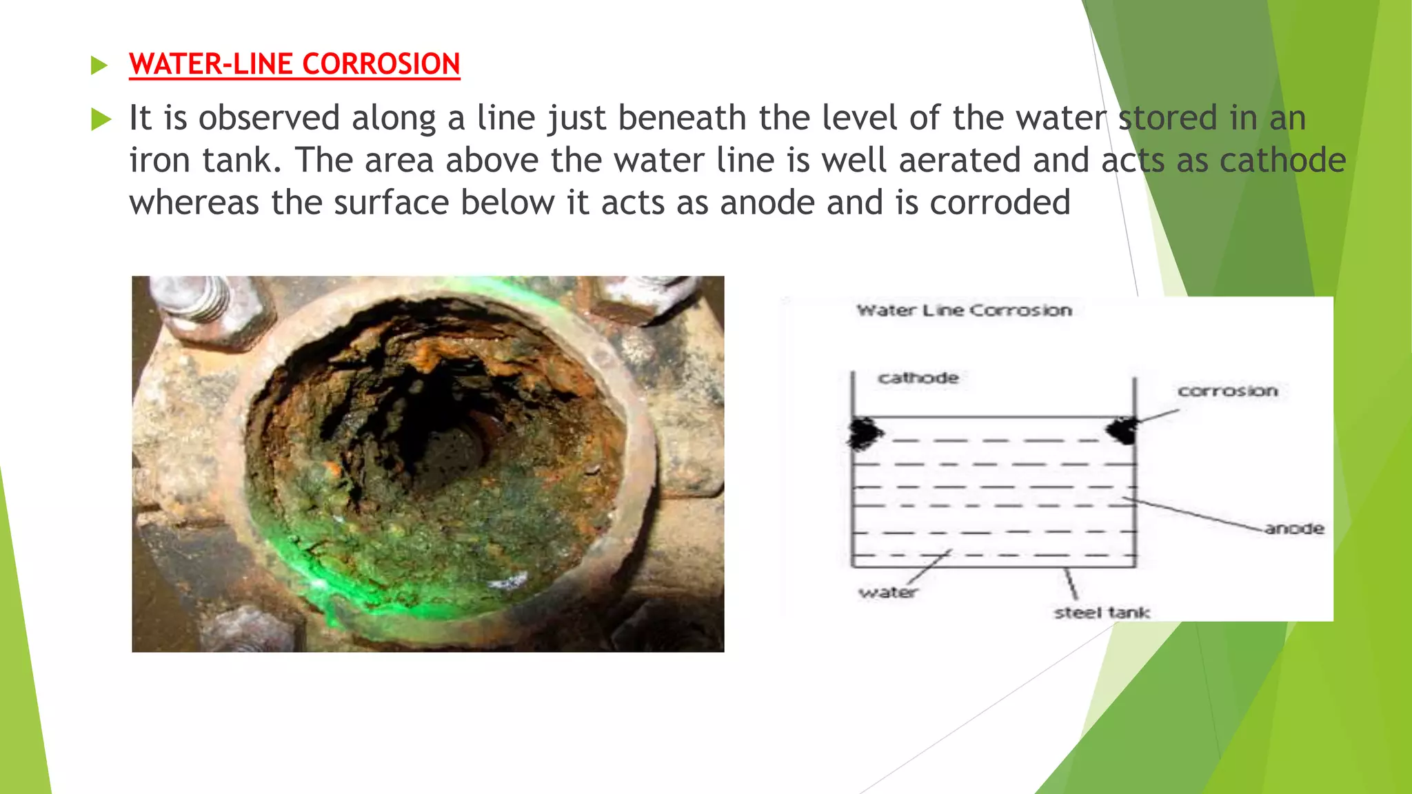  WATER-LINE CORROSION
 It is observed along a line just beneath the level of the water stored in an
iron tank. The area above the water line is well aerated and acts as cathode
whereas the surface below it acts as anode and is corroded
 