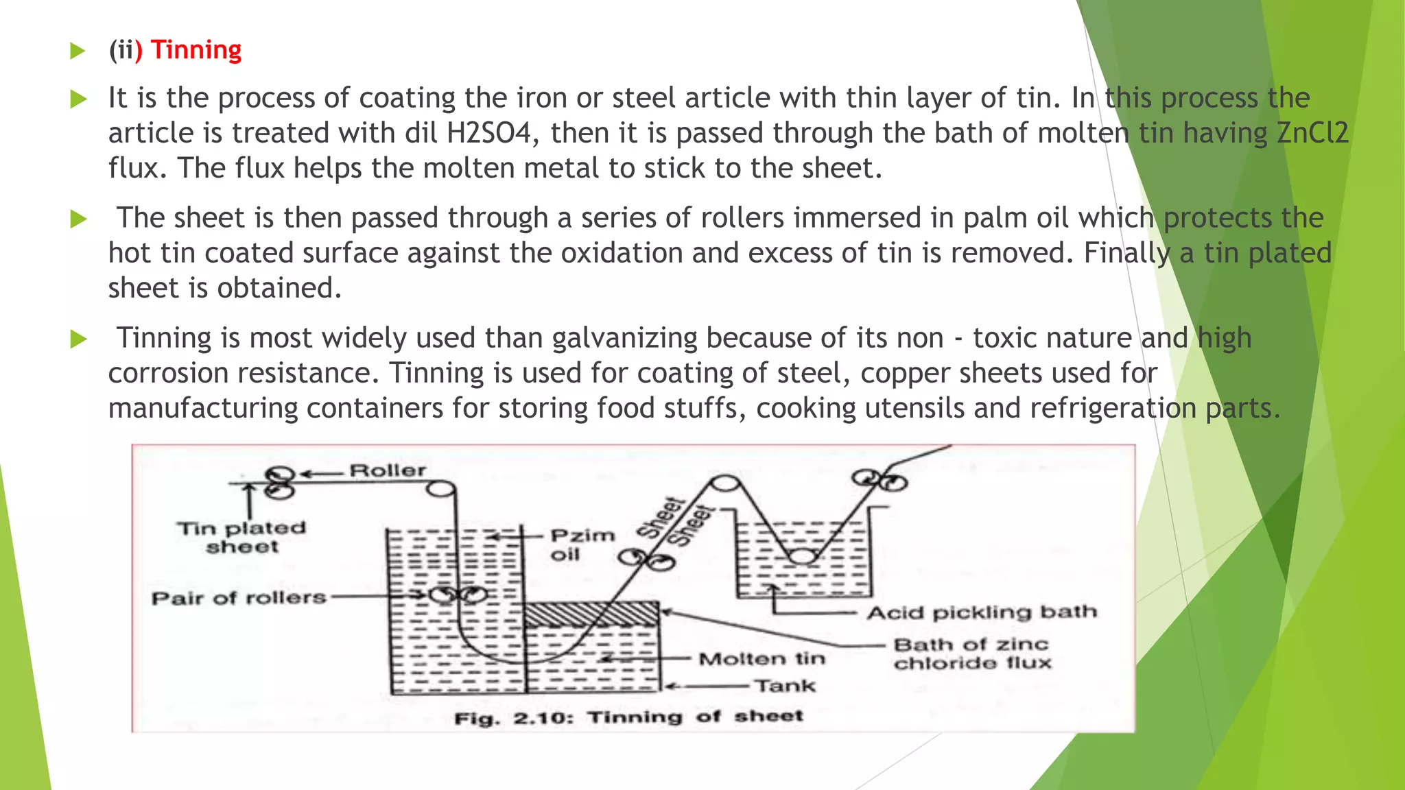  (ii) Tinning
 It is the process of coating the iron or steel article with thin layer of tin. In this process the
article is treated with dil H2SO4, then it is passed through the bath of molten tin having ZnCl2
flux. The flux helps the molten metal to stick to the sheet.
 The sheet is then passed through a series of rollers immersed in palm oil which protects the
hot tin coated surface against the oxidation and excess of tin is removed. Finally a tin plated
sheet is obtained.
 Tinning is most widely used than galvanizing because of its non - toxic nature and high
corrosion resistance. Tinning is used for coating of steel, copper sheets used for
manufacturing containers for storing food stuffs, cooking utensils and refrigeration parts.
 