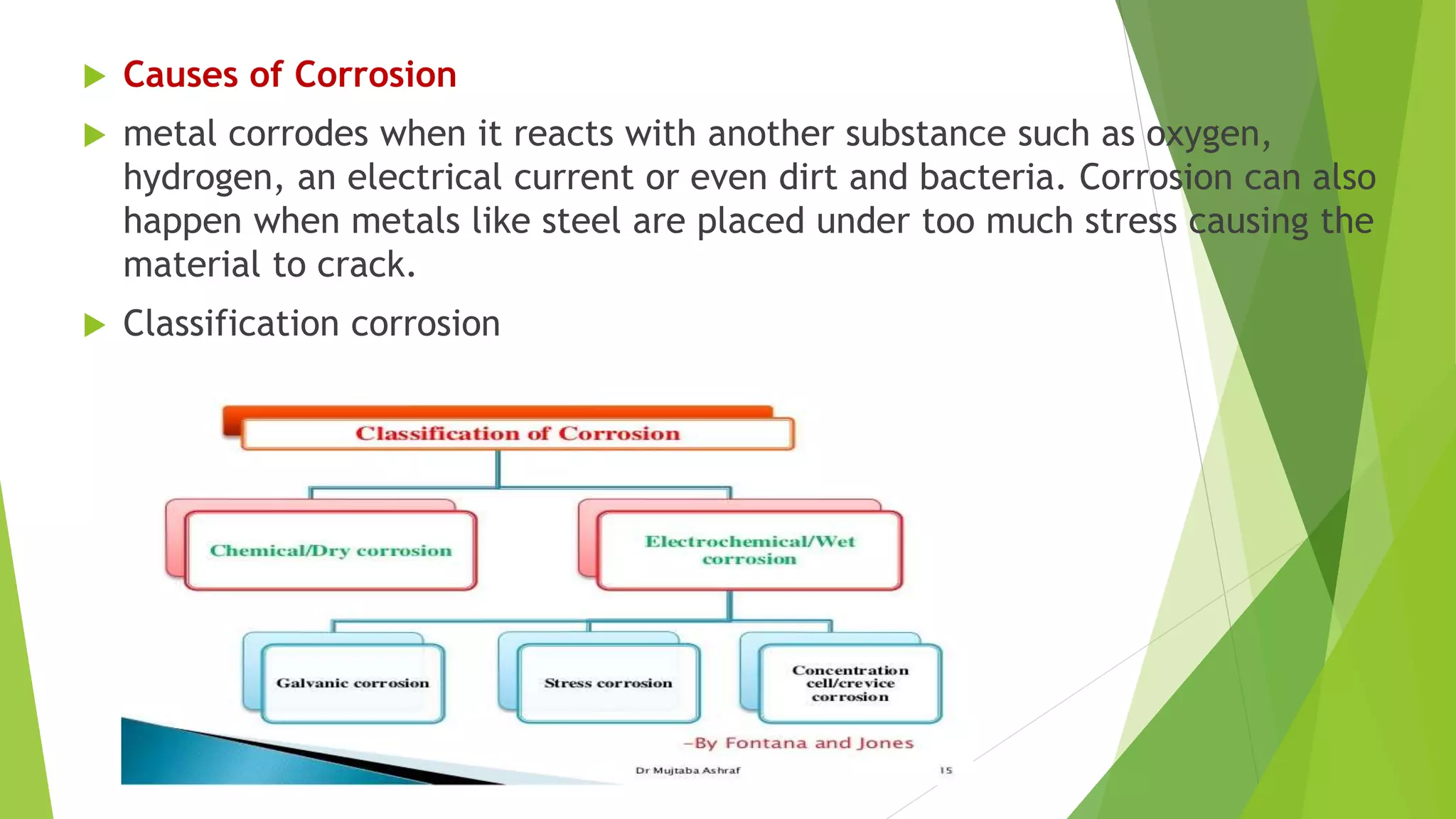  Causes of Corrosion
 metal corrodes when it reacts with another substance such as oxygen,
hydrogen, an electrical current or even dirt and bacteria. Corrosion can also
happen when metals like steel are placed under too much stress causing the
material to crack.
 Classification corrosion
 