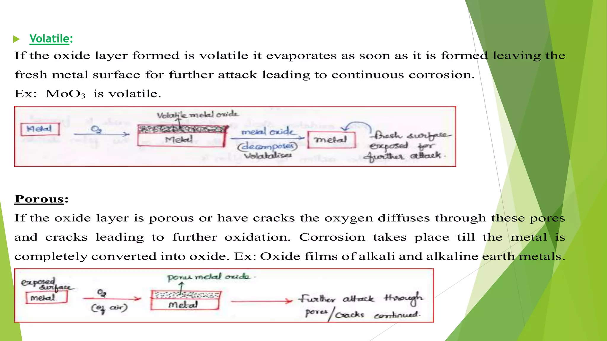  Volatile:
If the oxide layer formed is volatile it evaporates as soon as it is formed leaving the
fresh metal surface for further attack leading to continuous corrosion.
Ex: MoO3 is volatile.
Porous:
If the oxide layer is porous or have cracks the oxygen diffuses through these pores
and cracks leading to further oxidation. Corrosion takes place till the metal is
completely converted into oxide. Ex: Oxide films of alkali and alkaline earth metals.
 