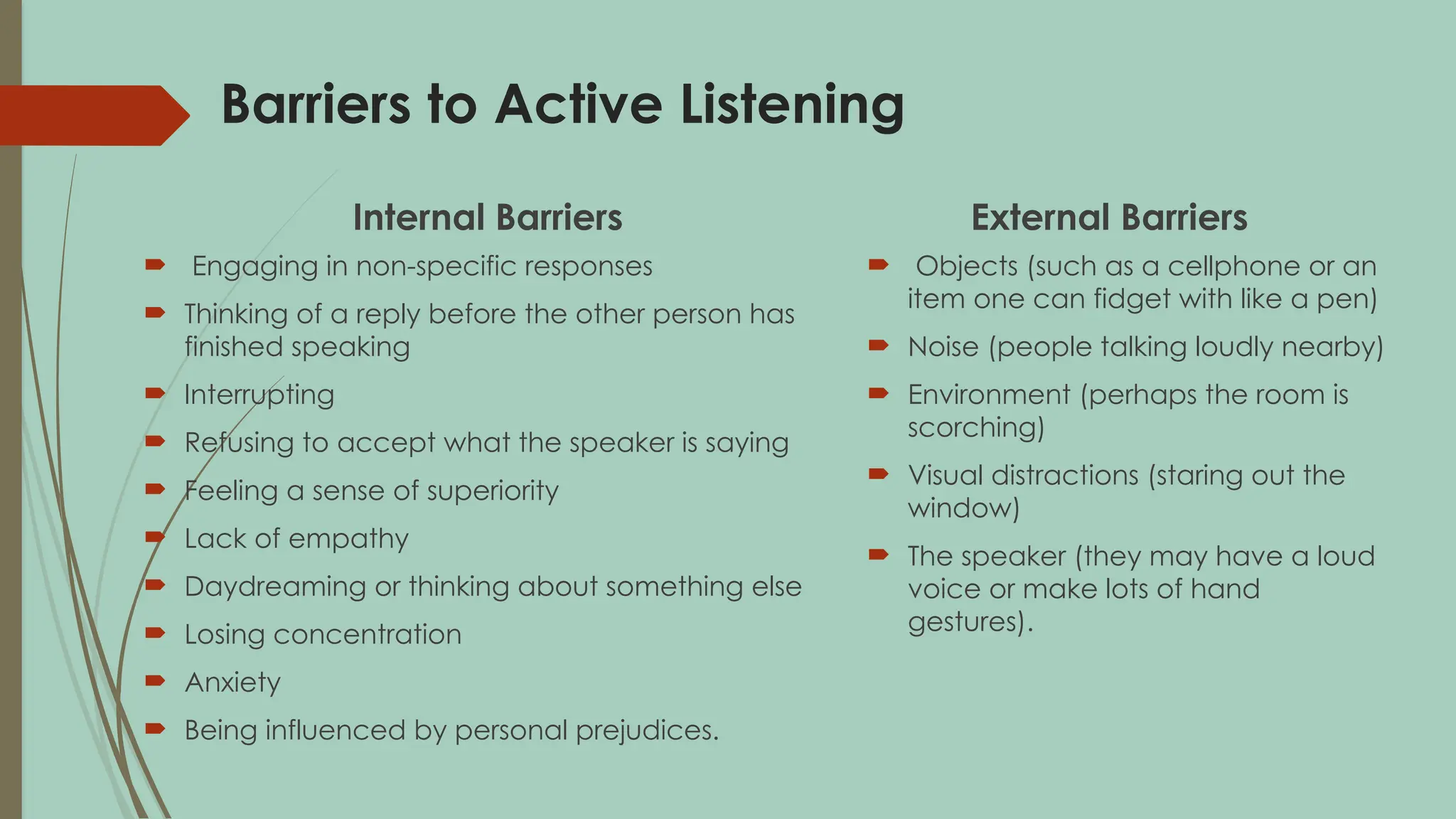 Barriers to Active Listening
Internal Barriers
 Engaging in non-specific responses
 Thinking of a reply before the other person has
finished speaking
 Interrupting
 Refusing to accept what the speaker is saying
 Feeling a sense of superiority
 Lack of empathy
 Daydreaming or thinking about something else
 Losing concentration
 Anxiety
 Being influenced by personal prejudices.
External Barriers
 Objects (such as a cellphone or an
item one can fidget with like a pen)
 Noise (people talking loudly nearby)
 Environment (perhaps the room is
scorching)
 Visual distractions (staring out the
window)
 The speaker (they may have a loud
voice or make lots of hand
gestures).
 
