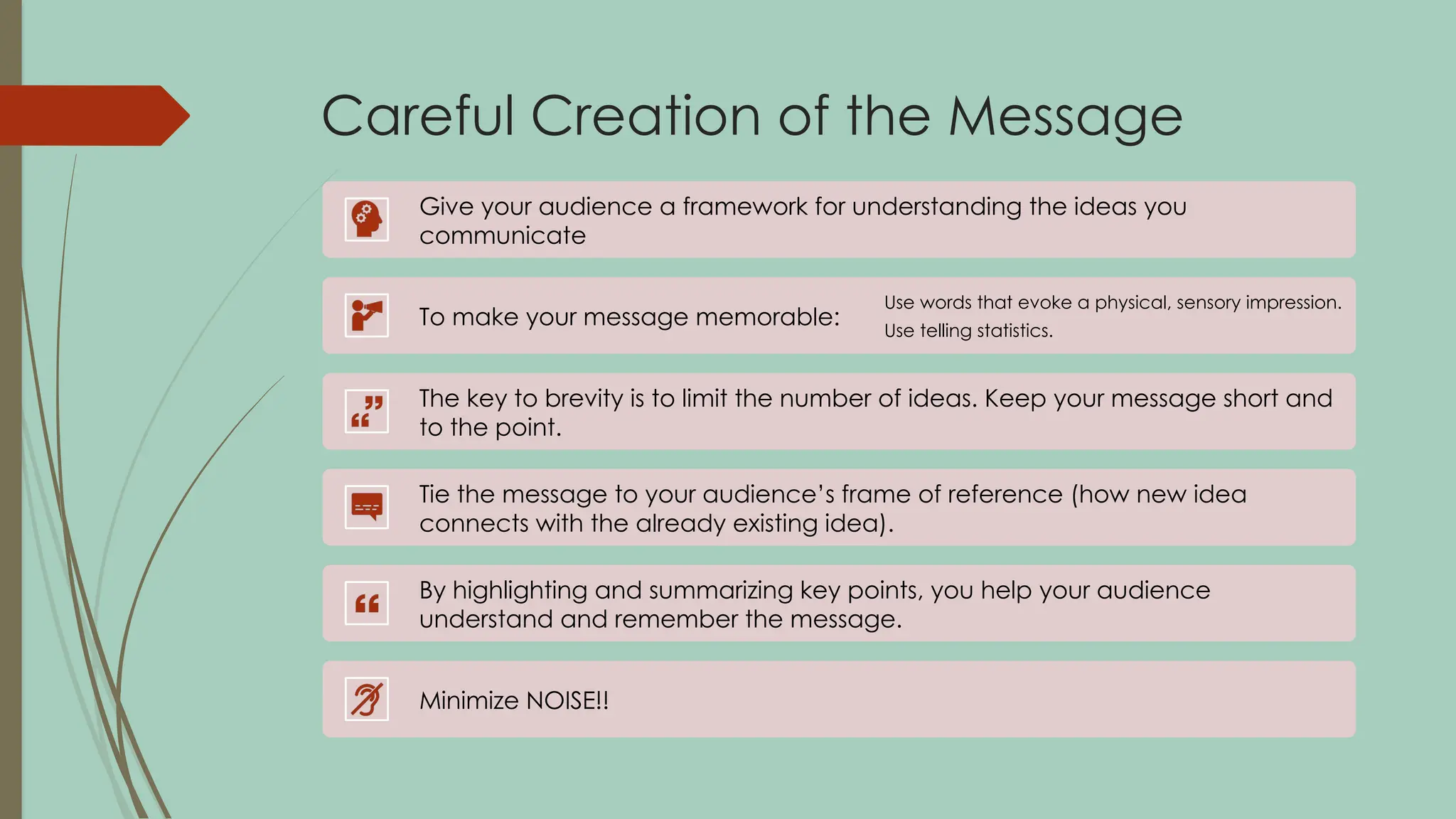 Careful Creation of the Message
Give your audience a framework for understanding the ideas you
communicate
To make your message memorable:
Use words that evoke a physical, sensory impression.
Use telling statistics.
The key to brevity is to limit the number of ideas. Keep your message short and
to the point.
Tie the message to your audience’s frame of reference (how new idea
connects with the already existing idea).
By highlighting and summarizing key points, you help your audience
understand and remember the message.
Minimize NOISE!!
 