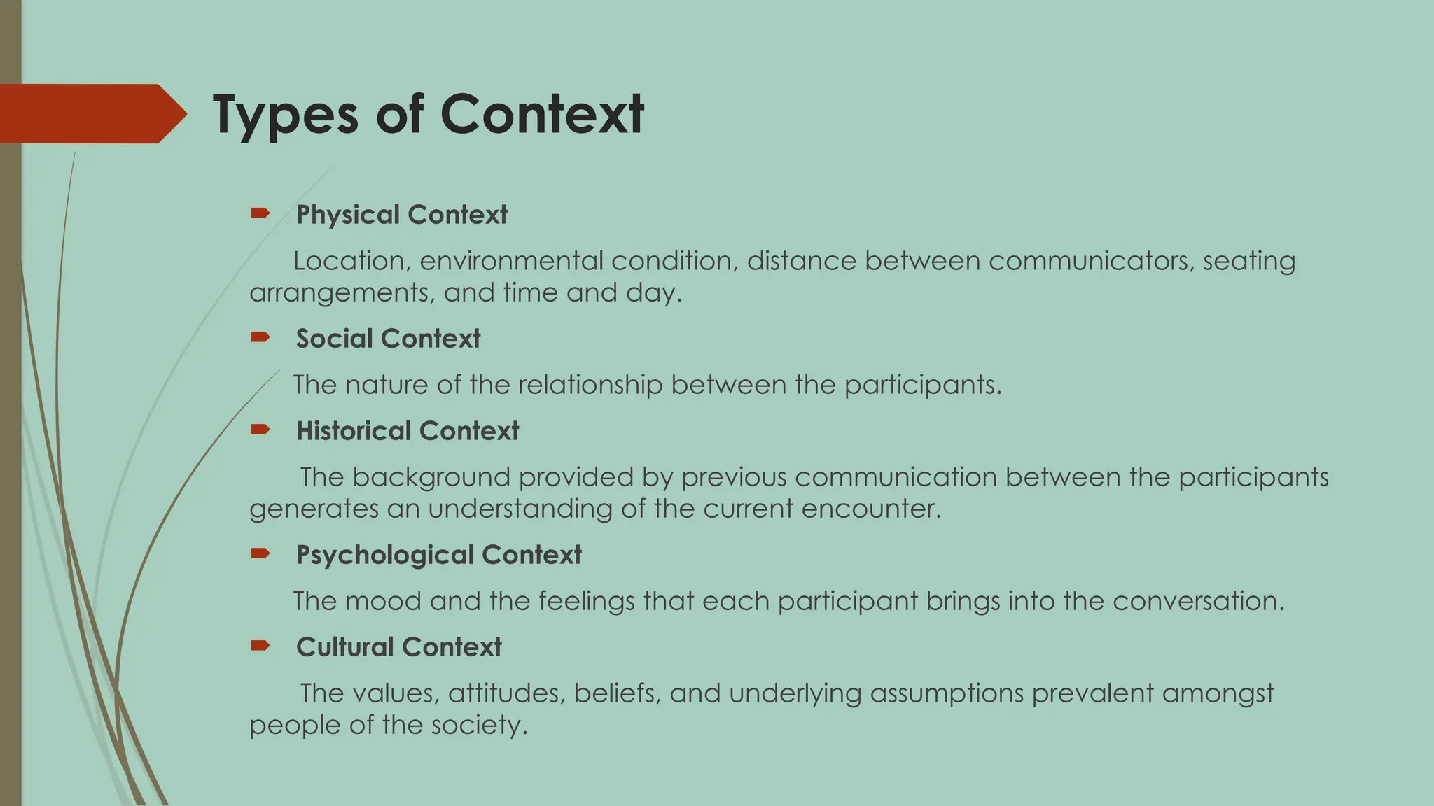 Types of Context
 Physical Context
Location, environmental condition, distance between communicators, seating
arrangements, and time and day.
 Social Context
The nature of the relationship between the participants.
 Historical Context
The background provided by previous communication between the participants
generates an understanding of the current encounter.
 Psychological Context
The mood and the feelings that each participant brings into the conversation.
 Cultural Context
The values, attitudes, beliefs, and underlying assumptions prevalent amongst
people of the society.
 