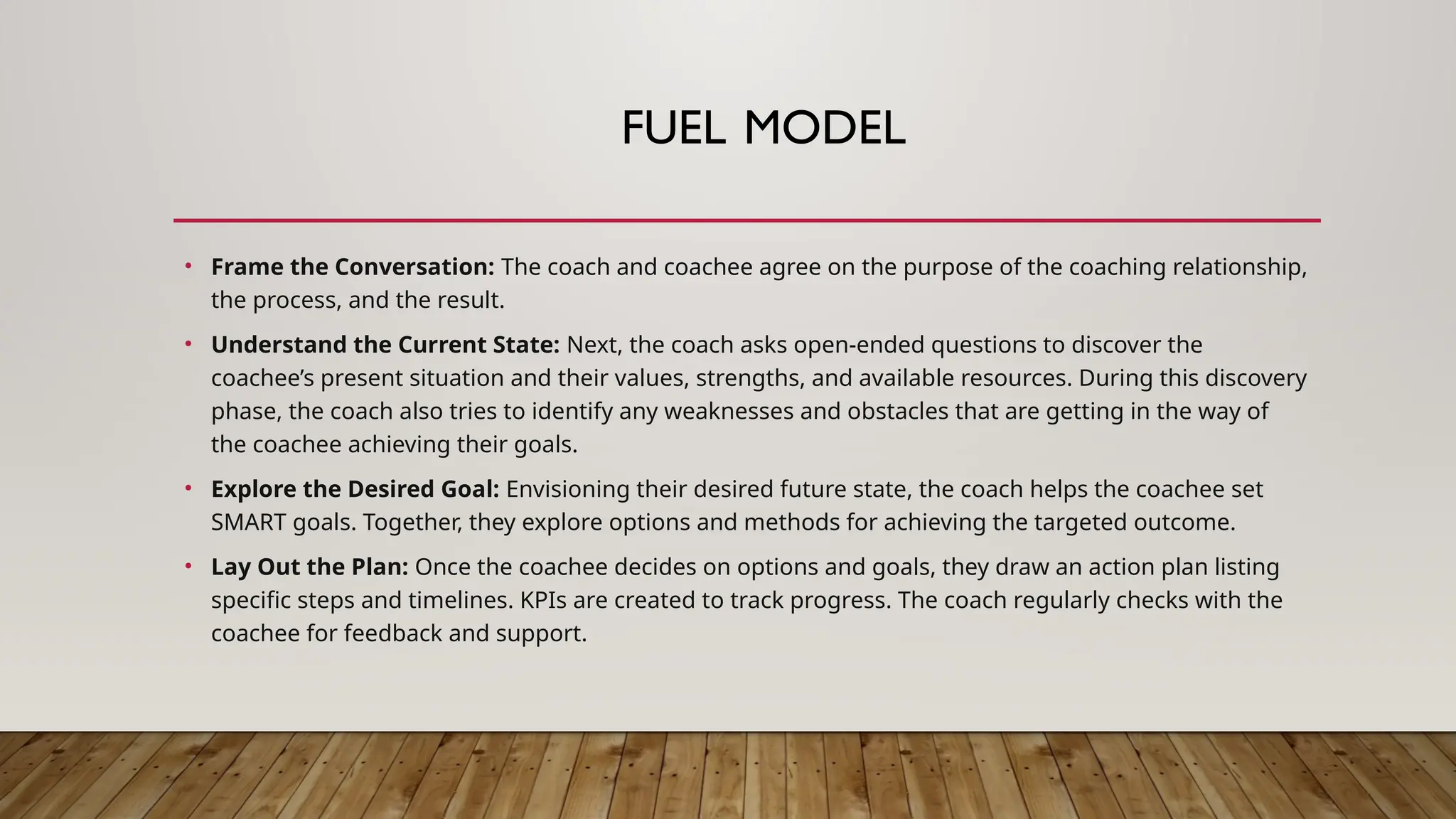 FUEL MODEL
• Frame the Conversation: The coach and coachee agree on the purpose of the coaching relationship,
the process, and the result.
• Understand the Current State: Next, the coach asks open-ended questions to discover the
coachee’s present situation and their values, strengths, and available resources. During this discovery
phase, the coach also tries to identify any weaknesses and obstacles that are getting in the way of
the coachee achieving their goals.
• Explore the Desired Goal: Envisioning their desired future state, the coach helps the coachee set
SMART goals. Together, they explore options and methods for achieving the targeted outcome.
• Lay Out the Plan: Once the coachee decides on options and goals, they draw an action plan listing
specific steps and timelines. KPIs are created to track progress. The coach regularly checks with the
coachee for feedback and support.
 