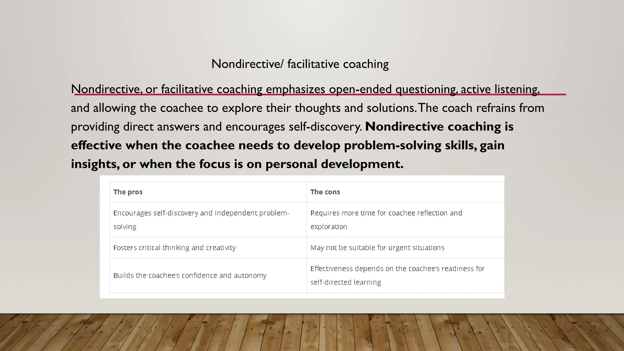 Nondirective/ facilitative coaching
Nondirective, or facilitative coaching emphasizes open-ended questioning, active listening,
and allowing the coachee to explore their thoughts and solutions.The coach refrains from
providing direct answers and encourages self-discovery. Nondirective coaching is
effective when the coachee needs to develop problem-solving skills, gain
insights, or when the focus is on personal development.
 