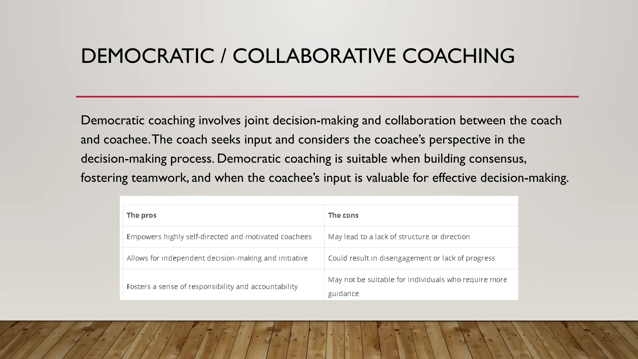 DEMOCRATIC / COLLABORATIVE COACHING
Democratic coaching involves joint decision-making and collaboration between the coach
and coachee.The coach seeks input and considers the coachee’s perspective in the
decision-making process. Democratic coaching is suitable when building consensus,
fostering teamwork, and when the coachee’s input is valuable for effective decision-making.
 