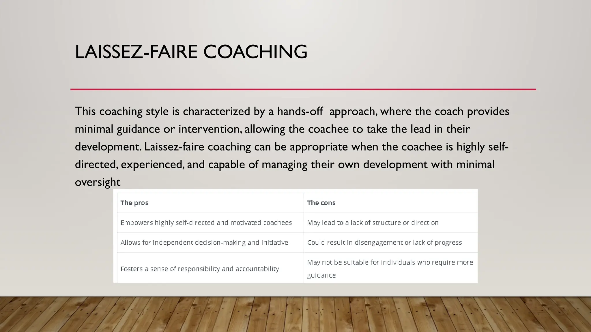 LAISSEZ-FAIRE COACHING
This coaching style is characterized by a hands-off approach, where the coach provides
minimal guidance or intervention, allowing the coachee to take the lead in their
development. Laissez-faire coaching can be appropriate when the coachee is highly self-
directed, experienced, and capable of managing their own development with minimal
oversight
 