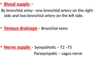 • Blood supply –
By bronchial artey –one bronchial artery on the right
side and two bronchial artery on the left side.
• Venous drainage – Bronchial veins
• Nerve supply – Sympathetic – T2 –T5
Parasympatic – vagus nerve
 