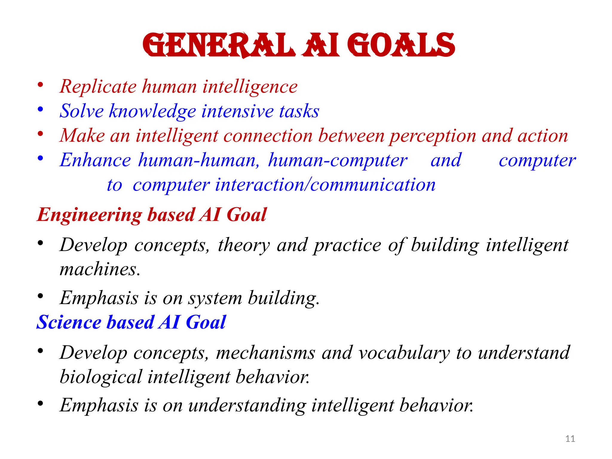 11
General AI Goals
• Replicate human intelligence
• Solve knowledge intensive tasks
• Make an intelligent connection between perception and action
• Enhance human-human, human-computer and computer
to computer interaction/communication
Engineering based AI Goal
• Develop concepts, theory and practice of building intelligent
machines.
• Emphasis is on system building.
Science based AI Goal
• Develop concepts, mechanisms and vocabulary to understand
biological intelligent behavior.
• Emphasis is on understanding intelligent behavior.
 