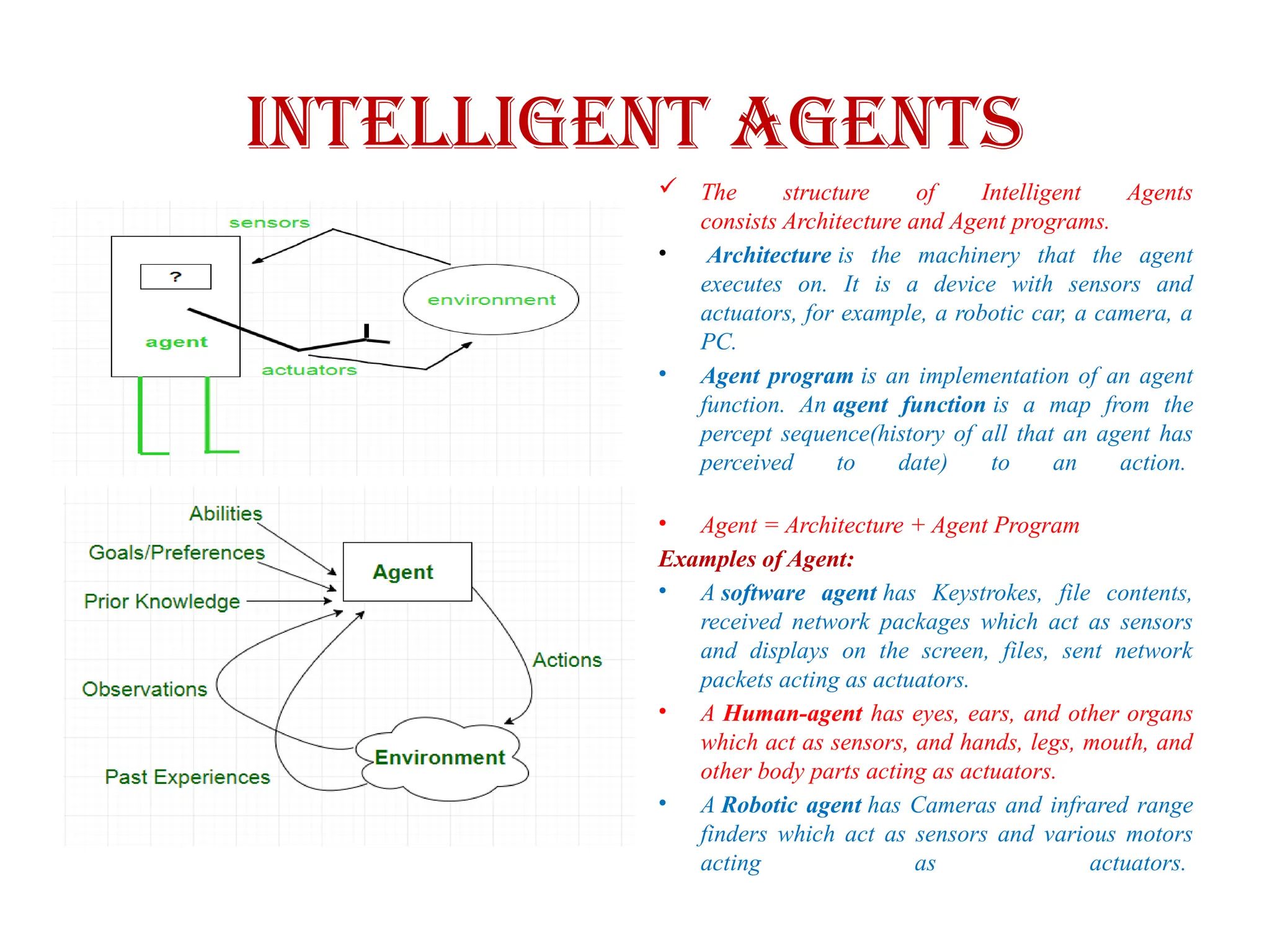 Intelligent Agents
 The structure of Intelligent Agents
consists Architecture and Agent programs.
• Architecture is the machinery that the agent
executes on. It is a device with sensors and
actuators, for example, a robotic car, a camera, a
PC.
• Agent program is an implementation of an agent
function. An agent function is a map from the
percept sequence(history of all that an agent has
perceived to date) to an action.
• Agent = Architecture + Agent Program
Examples of Agent:
• A software agent has Keystrokes, file contents,
received network packages which act as sensors
and displays on the screen, files, sent network
packets acting as actuators.
• A Human-agent has eyes, ears, and other organs
which act as sensors, and hands, legs, mouth, and
other body parts acting as actuators.
• A Robotic agent has Cameras and infrared range
finders which act as sensors and various motors
acting as actuators.
 