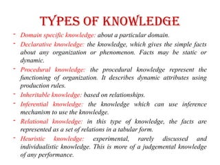 Types of Knowledge
- Domain specific knowledge: about a particular domain.
- Declarative knowledge: the knowledge, which gives the simple facts
about any organization or phenomenon. Facts may be static or
dynamic.
- Procedural knowledge: the procedural knowledge represent the
functioning of organization. It describes dynamic attributes using
production rules.
- Inheritable knowledge: based on relationships.
- Inferential knowledge: the knowledge which can use inference
mechanism to use the knowledge.
- Relational knowledge: in this type of knowledge, the facts are
represented as a set of relations in a tabular form.
- Heuristic knowledge: experimental, rarely discussed and
individualistic knowledge. This is more of a judgemental knowledge
of any performance.
 