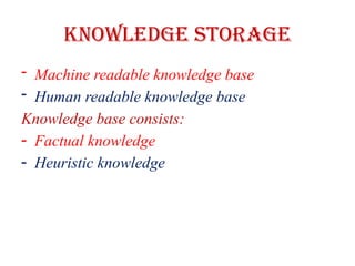 Knowledge storage
- Machine readable knowledge base
- Human readable knowledge base
Knowledge base consists:
- Factual knowledge
- Heuristic knowledge
 