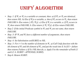 UNIFY ALGORITHM
• Step. 1: If Ψ1 or Ψ2 is a variable or constant, then: a) If Ψ1 or Ψ2 are identical,
then return NIL. b) Else if Ψ1is a variable, a. then if Ψ1 occurs in Ψ2, then return
FAILURE b. Else return { (Ψ2/ Ψ1)}. c) Else if Ψ2 is a variable, a. If Ψ2 occurs in
Ψ1 then return FAILURE, b. Else return {( Ψ1/ Ψ2)}. d) Else return FAILURE.
• Step.2: If the initial Predicate symbol in Ψ1 and Ψ2 are not same, then return
FAILURE.
• Step. 3: IF Ψ1 and Ψ2 have a different number of arguments, then return
FAILURE.
• Step. 4: Set Substitution set(SUBST) to NIL.
• Step. 5: For i=1 to the number of elements in Ψ1. a) Call Unify function with the
ith element of Ψ1 and ith element of Ψ2, and put the result into S. b) If S = failure
then returns Failure c) If S ≠ NIL then do, a. Apply S to the remainder of both L1
and L2. b. SUBST= APPEND(S, SUBST).
• Step.6: Return SUBST.
 