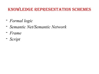 Knowledge representation schemes
- Formal logic
- Semantic Net/Semantic Network
- Frame
- Script
 