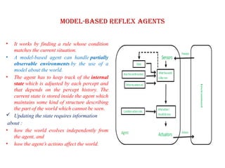 Model-based reflex agents
• It works by finding a rule whose condition
matches the current situation.
• A model-based agent can handle partially
observable environments by the use of a
model about the world.
• The agent has to keep track of the internal
state which is adjusted by each percept and
that depends on the percept history. The
current state is stored inside the agent which
maintains some kind of structure describing
the part of the world which cannot be seen.
 Updating the state requires information
about :
• how the world evolves independently from
the agent, and
• how the agent’s actions affect the world.
 