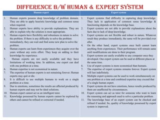 Difference b/w human & expert system
Human expert Expert system
1. Human experts possess deep knowledge of problem domain.
They are able to apply heuristic knowledge and common sense
when required.
2. Human experts have ability to provide explanations. They are
able to explain why the solution is most appropriate.
3. Human experts have flexibility and robustness in nature to solve
the problem. If there is any difficulty to solve the problem
immediately, they can wait and find some new plan to solve the
problem.
4. Human experts can learn from experiences they acquire over the
years without any extra effort. They keep on adding to their
knowledge by experience.
5. Human experts are not easily available and they have
limitations of working time. In addition, one expert can deal
with one problem at a time.
6. Human expertise is not economical in nature.
7. The expertise of human experts is not remaining forever. Human
experts may quit or die.
8. It is difficult to use multiple humans to work on a single
problem at a time.
9. Due to emotions, sometimes the results are affected produced by
human experts and may not be ideal solutions.
10. Human expert cannot act as an intelligent tutor.
11. Knowledge possessed by human experts cannot be explored by
others and cannot be refined or corrected if needed.
1. Expert systems find difficulty in capturing deep knowledge.
They lack in application of common sense knowledge &
functioning depends on the knowledge base.
2. Expert systems are not able to provide explanations about the
facts due to lack of deep knowledge.
3. Expert systems are not flexible and robust in nature. Whatever
result they produce immediately, the same will be provided ever
after.
4. On the other hand, expert systems once built cannot learn
anything from experiences. Their performance will remain same
until modifications are done to their program.
5. Expert systems are easily available to any computer once they
developed. One expert system can be used at different places at
the same time.
6. Use of expert systems is more economical than humans.
7. The expertise of expert systems remains forever. Expert system
will last indefinitely.
8. Multiple expert systems can be used to work simultaneously on
one problem at a time and combined expertise may exceed that
of a single human expert.
9. Expert systems do not have emotions, hence results produced by
them are unaffected by circumstances.
10. Expert system can act as tutor for someone who want to learn
the reasoning and approach used to solve a particular problem
11. The knowledge base of an expert system can be checked and
refined if needed. So, quality of knowledge possessed by expert
system is improved.
 