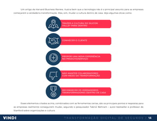 T R A N S F O R M A Ç Ã O D I G I T A L D E S E G U R O S | 14
Um artigo da Harvard Business Review, ilustra bem que a tecnologia não é o principal assunto para as empresas
começarem a verdadeira transformação. Mas, sim, mudar a cultura dentro de casa. Veja algumas dicas como:
Esses elementos citados acima, combinados com as ferramentas certas, são os principais pontos e respostas para
as empresas realmente conseguirem mudar, segundo o pesquisador Tabrizi Behnam – autor bestseller e professor de
Stanford sobre organizações e cultura.
TRAZER A CULTURA DO SILICON
VALLEY PARA DENTRO
NÃO MANTER COLABORADORES
COM MEDO DA TRANSFORMAÇÃO
RECONHECER OS VERDADEIROS
TRANSFORMADORES DENTRO DE CASA
CONHECER O CLIENTE
PROPOR UMA NOVA EXPERIÊNCIA
NO PRODUTO/SERVIÇO
 