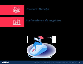 T R A N S F O R M A Ç Ã O D I G I T A L D E S E G U R O S | 16
Cultura Devops - união de pessoas, processos e tecnologias a
fim de proporcionar a entrega contínua do valor para os clientes (definição Microsoft). O
termo Dev vem de development e o Ops vem de operations;
Aceleradores de negócios - empresas como a Vindi,
idwall, Arquivei, Konduto entre outras, são as chamadas de “aceleradoras de negócios”,
porque promovem o lançamento de projetos e melhoria na gestão de soluções internas
A transformação digital é importante, de fato, para a evolução do mundo, das sociedades e das pessoas. E sua
empresa, está pronta para essa revolução?
 