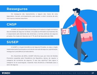 T R A N S F O R M A Ç Ã O D I G I T A L D E S E G U R O S | 27
Resseguros
Os resseguros são, basicamente, o seguro dos riscos de uma
seguradora. Servem, principalmente, para ajudar a cobrir sinistros de alto
risco que as mesmas assumem.
CNSP
O CNSP, ou Conselho Nacional de Seguros Privados é o órgão normativo
das atividades de seguros no Brasil, vinculado ao Ministério da Fazenda. Ele
é responsável pela demanda das diretrizes e normas políticas de seguros
privados. Foi criado em Decreto-Lei nº 73, de 21 de Novembro de 1966.
SUSEP
A SUSEP é a Superintendência de Seguros Privados, ou seja, o órgão
responsável pela fiscalização e controle do mercado de seguros, capitalização,
resseguros e previdência privada aberta.
Em, Novembro de 2019, a SUSEP informou que, por meio de Medida
Provisória expedida pela Presidência da República, deixou de regular a
categoria de corretores de seguros. O que isso significa? Que agora a
categoria irá se autorregular, trazendo mais eficiência e liberdade para o
setor de seguros.
 