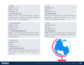 T R A N S F O R M A Ç Ã O D I G I T A L D E S E G U R O S | 43
▶ Neos
Cidade: Londres
País: Reino Unido
Fundação: 2016
Site: www.neos.co.uk
Sobre: a Neos é uma das maiores do mundo e
também resolve a questão de seguros residenciais
de uma forma muito inteligente.
▶ Quantemplate
Cidade: Londres
País: Reino Unido
Fundação: 2013
Site: www.quantemplate.com
Sobre: outra infraestrutura poderosa para insurtechs.
A “Quant” é um SaaS que possibilita análise de dados
muito poderosas.
▶ Lemonade
Cidade: Nova York
País: EUA
Fundada em: 2015
Site: www.lemonade.com
Sobre: seguros para aluguéis e donos de imóveis
nunca foram os mesmos desde a chegada da
Lemonade.
▶ Trōv
Cidade: Danville
País: EUA
Fundada em: 2012
Site: www.trov.com
Sobre: a Trov é uma das mais completas. Oferece,
digitalmente, seguros residenciais, para carros,
eletrônicos e contrato de aluguéis.
▶ Slice
Cidade: Nova York
País: EUA
Fundada em: 2015
Site: www.slice.is
Sobre: embora não ofereça seguros, a Slice é uma
poderosa infraestrutura (SaaS) para insurtechs em
todos os lugares.
 