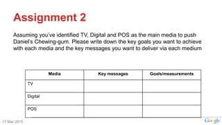 Assignment 2
Assuming you’ve identified TV, Digital and POS as the main media to push
Daniel’s Chewing-gum. Please write down the key goals you want to achieve
with each media and the key messages you want to deliver via each medium
Media Key messages Goals/measurements
TV
Digital
POS
17 Mar 2015
 