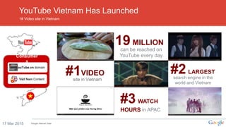 YouTube.vn domain
Việt Nam Content
Consumer
s
YouTube Vietnam Has Launched
1# Video site in Vietnam
17 Mar 2015 Google Internal Data
#1VIDEO
site in Vietnam
#3 WATCH
HOURS in APAC
19 MILLION
can be reached on
YouTube every day
#2 LARGEST
search engine in the
world and Vietnam
 