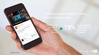 Google Confidential and Proprietary
Source: Ipsos/Google 2012
Influence consideration using
choice-based ads
People who
choose to
watch a video
ad are
75%
more engaged
than those who
are forced
to watch
Google Confidential and Proprietary
 