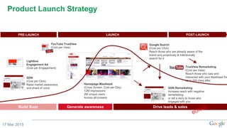 GDN Remarketing
Increase reach with negative
remarketing;
or tell a story to those who
engaged with you
Generate awarenessBuild Buzz Drive leads & sales
PRE-LAUNCH POST-LAUNCHLAUNCH
YouTube TrueView
(Cost per View)
Lightbox
Engagement Ad
(Cost per Engagement) TrueView Remarketing
(Cost per View)
Reach those who saw and
interacted with your Masthead for
up to 540 days after
Homepage Masthead
(Cross Screen, Cost per Day)
12M impressions
2M unique users
Across all screens
GDN
(Cost per Click)
Raise market awareness
and share of voice
Google Search
(Cost per Click)
Reach those who are already aware of the
brand and proactively & Intentionally
search for it
Consumer Purchase FunnelProduct
17 Mar 2015
Product Launch Strategy
 
