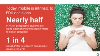 Nearly half
(47%) of prospective students are
using Smartphones to research where
to get an education
1 in 4
would prefer to research on a mobile
device over a PC
Today, mobile is intrinsic to
EDU decisions
 