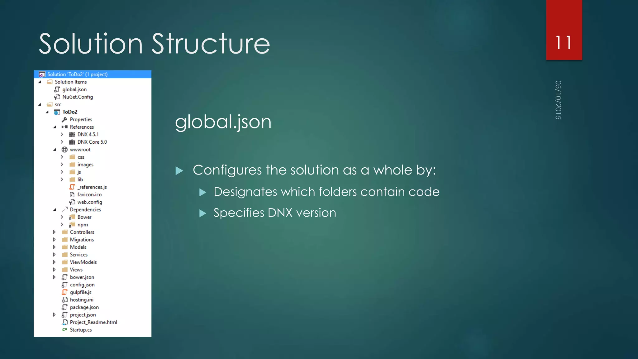 Solution Structure
global.json
 Configures the solution as a whole by:
 Designates which folders contain code
 Specifies DNX version
11
 