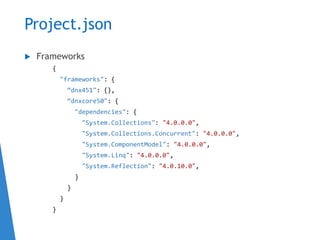 Project.json
 Frameworks
{
"frameworks": {
“dnx451": {},
“dnxcore50": {
"dependencies": {
"System.Collections": "4.0.0.0",
"System.Collections.Concurrent": "4.0.0.0",
"System.ComponentModel": "4.0.0.0",
"System.Linq": "4.0.0.0",
"System.Reflection": "4.0.10.0",
}
}
}
}
 