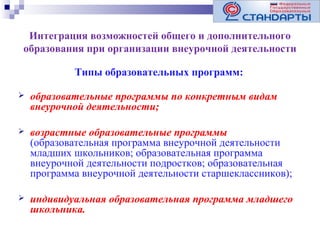 Интеграция возможностей общего и дополнительного
образования при организации внеурочной деятельности
Типы образовательных программ:


образовательные программы по конкретным видам
внеурочной деятельности;



возрастные образовательные программы
(образовательная программа внеурочной деятельности
младших школьников; образовательная программа
внеурочной деятельности подростков; образовательная
программа внеурочной деятельности старшеклассников);



индивидуальная образовательная программа младшего
школьника.

 