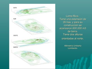 Loma Rica.Loma Rica.
Tiene una extensión deTiene una extensión de
35 has, y para su35 has, y para su
construcción seconstrucción se
acarrearon 600.000 m3acarrearon 600.000 m3
de tierra.de tierra.
Tiene dos alturasTiene dos alturas
orientadas al norteorientadas al norte..
Altimetría UmbertoAltimetría Umberto
Lombardo.Lombardo.
 