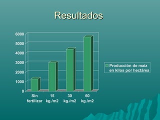 ResultadosResultados
0
1000
2000
3000
4000
5000
6000
Sin
fertilizar
15
kg./m2
30
kg./m2
60
kg./m2
Producción de maíz
en kilos por hectárea
 