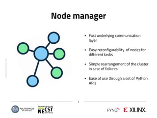 Node manager
7
https://creativemarket.com/Becris
▪ Fast underlying communication
layer
▪ Easy reconfigurability of nodes for
different tasks
▪ Simple rearrangement of the cluster
in case of failures
▪ Ease of use through a set of Python
APIs
 