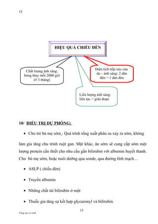 15

HIỆU QUẢ CHIẾU ĐÈN

Diện tích tiếp xúc của
da – ánh sáng: 2 dàn
đèn > 1 dàn đèn

Chất lượng ánh sáng:
bóng thay mỗi 2000 giờ
(# 3 tháng)

Liều lượng ánh sáng:
liên tục > gián đoạn

10/ ĐIỀU TRỊ DỰ PHÒNG:
• Cho trẻ bú mẹ sớm : Quá trình tống xuất phân su xảy ra sớm, không
làm gia tăng chu trình ruột gan. Mặt khác, ăn sớm sẽ cung cấp sớm một
lượng protein cần thiết cho nhu cầu gắn bilirubin với albumin huyết thanh.
Cho bú mẹ sớm, hoặc nuôi dưỡng qua sonde, qua đường tĩnh mạch…
• ASLP ( chiếu đèn)
• Truyền albumin
• Những chất tải bilirubin ở ruột
• Thuốc gia tăng sự kết hợp glycuronyl và bilirubin.
Vàng da sơ sinh

15

 