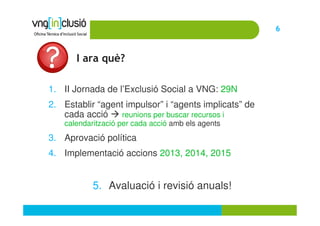 6



       I ara què?

1. II Jornada de l’Exclusió Social a VNG: 29N
2. Establir “agent impulsor” i “agents implicats” de
   cada acció     reunions per buscar recursos i
    calendarització per cada acció amb els agents
3. Aprovació política
4. Implementació accions 2013, 2014, 2015


            5. Avaluació i revisió anuals!
 