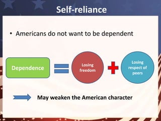 Self-reliance 
• In America, receiving 
financial support is 
allowed. 
Never be admired. 
Lose the respect of 
peers. 
 