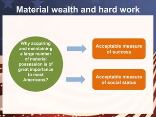 Material wealth and hard work 
Americans rejected the Europeans system of 
hereditary aristocracy and titles of nobility to 
judge their social status. 
Americans judge the social status by quality and 
quantity. 
Social status is ranked from being in lower class 
to being in higher class 
 