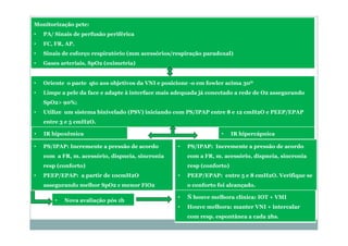 Monitorização pcte:
• PA/ Sinais de perfusão periférica
• FC, FR, AP.
• Sinais de esforço respiratório (mm acessórios/respiração paradoxal)
• Gases arteriais, SpO2 (oximetria)
• Oriente o pacte qto aos objetivos da VNI e posicione -o em fowler acima 30º
• Limpe a pele da face e adapte à interface mais adequada já conectado a rede de O2 assegurando
SpO2> 90%;
• Utilize um sistema binivelado (PSV) iniciando com PS/IPAP entre 8 e 12 cmH2O e PEEP/EPAP
entre 3 e 5 cmH2O.
• IR hipoxêmica • IR hipercápnica
• PS/IPAP: Incremente a pressão de acordo
com a FR, m. acessório, dispneia, sincronia
resp (conforto)
• PEEP/EPAP: a partir de 10cmH2O
assegurando melhor SpO2 c menor FiO2
• PS/IPAP: Incremente a pressão de acordo
com a FR, m. acessório, dispneia, sincronia
resp (conforto)
• PEEP/EPAP: entre 5 e 8 cmH2O. Verifique se
o conforto foi alcançado.
• Nova avaliação pós 1h
• Ñ houve melhora clínica: IOT + VMI
• Houve melhora: manter VNI + intercalar
com resp. espontânea a cada 2hs.
 