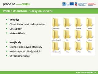 Pohled do historie: složky na serveru

  •   Výhody:
  •   Členění informací podle pravidel
  •   Dostupnost
  •   Nízké náklady


  •   Nevýhody:
  •   Nutnost dodržování struktury
  •   Nedostupnost při výpadcích
  •   Chybí komunikace
 