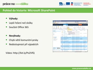 Pohled do historie: Microsoft SharePoint

  •   Výhody:
  •   Lepší řešení než složky
  •   Součást Office 365


  •   Nevýhody:
  •   Chybí větší komunitní prvky
  •   Nedostupnost při výpadcích


  Video: http://bit.ly/Po2VfQ
 