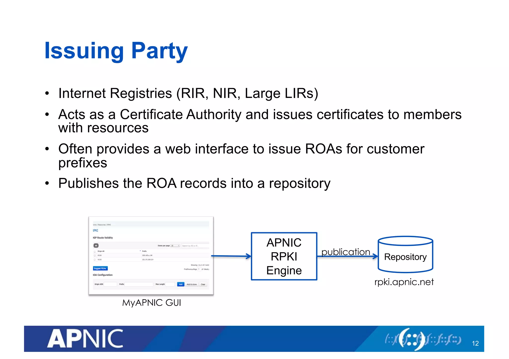 Issuing Party
• Internet Registries (RIR, NIR, Large LIRs)
• Acts as a Certificate Authority and issues certificates to members
with resources
• Often provides a web interface to issue ROAs for customer
prefixes
• Publishes the ROA records into a repository
APNIC
RPKI
Engine
publication
MyAPNIC GUI
rpki.apnic.net
Repository
12
 