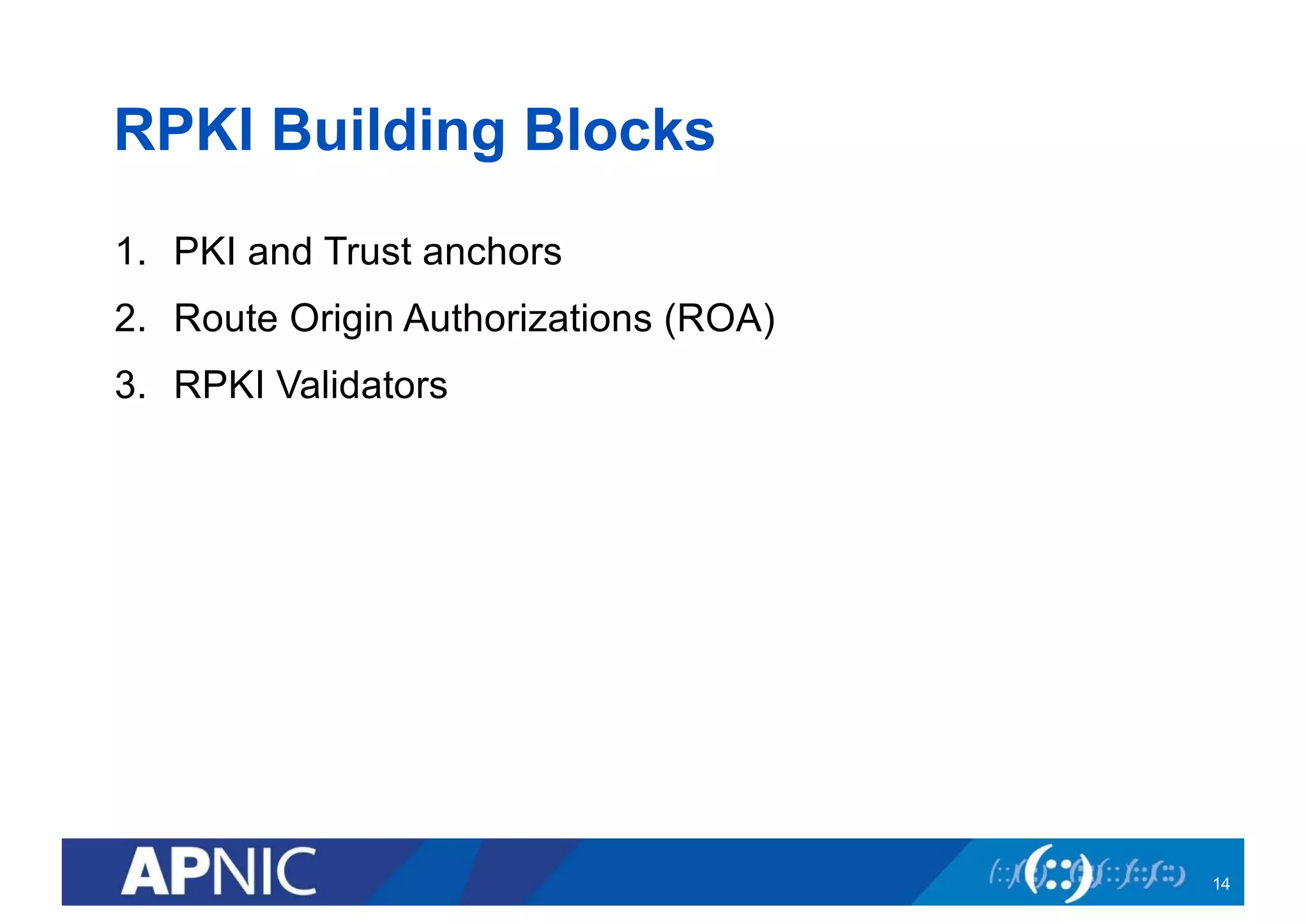 RPKI Building Blocks
1. PKI and Trust anchors
2. Route Origin Authorizations (ROA)
3. RPKI Validators
14
 